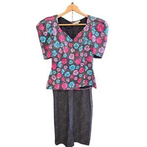 Vintage Sequin Dress Skirt 2 pc Set Sz‎ 8 Floral Polka Dot 80s Puff Sleeve